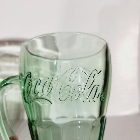 Libbey Coca Cola Mug Drinking Glass Handle Green Glass Vtg Embossed Design Retro - Picture 2 of 12